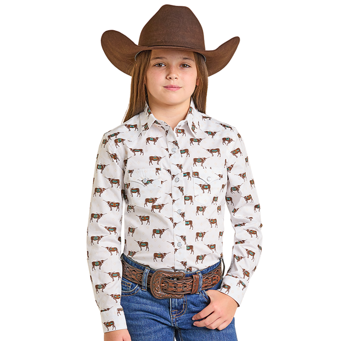 Panhandle Youth Girl's Longhorn Western Graphic Tan Snap Shirt RGN2S07092