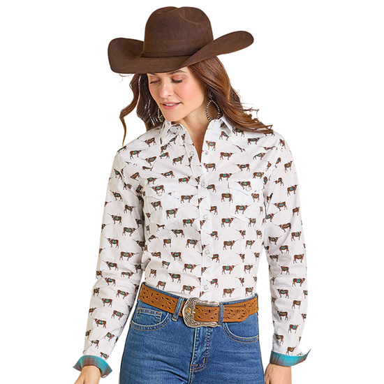 Panhandle Ladies Longhorn Western Graphic White Snap Shirt RWN2S07092