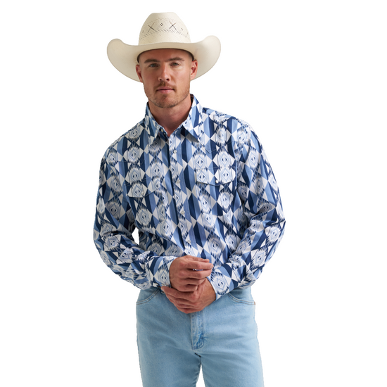 Wrangler Men's Checotah Western Blue Snap Dress Shirt 112374917