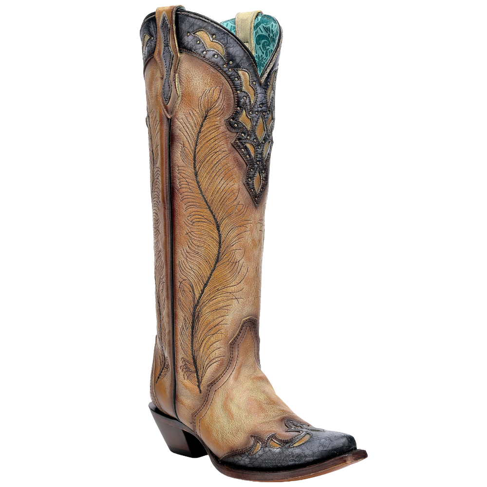 Corral Ladies Yellow Feathers Crackled Overlay Western Tall Boots A4765