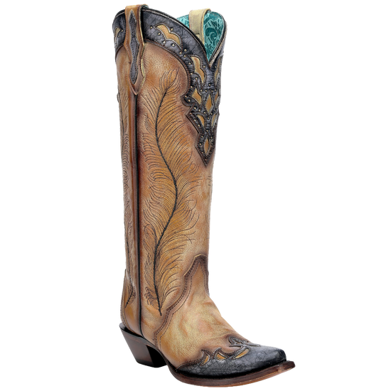 Corral Ladies Yellow Feathers Crackled Overlay Western Tall Boots A4765