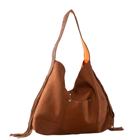 Wrangler Brown Orange Fringe Floral Tooled Hobo Bag WG239-9182BR-OR