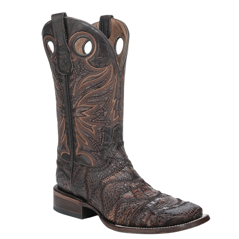 Corral Men's Brown Caiman Embroidery & Patchwork Wide Square Toe Boot L8011