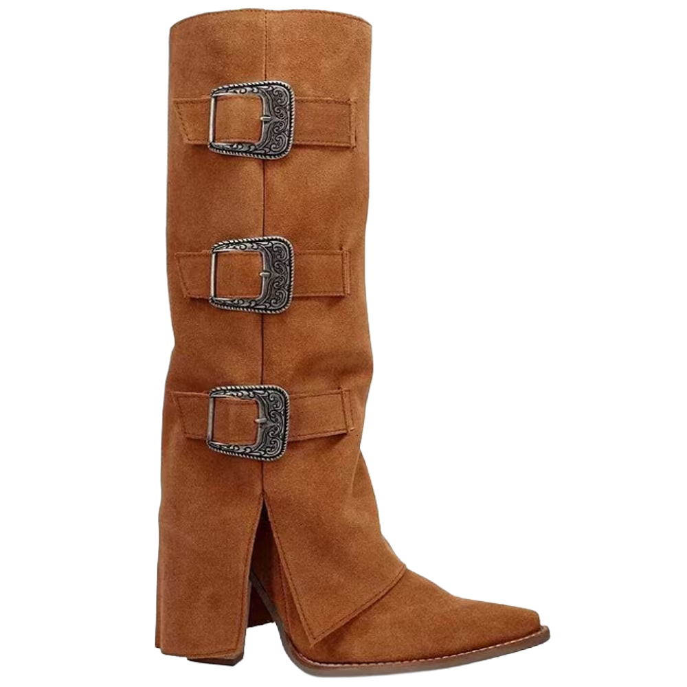 Dingo Ladies Suede Cuffed Buckle Bunny Camel Tall Boots DI2345