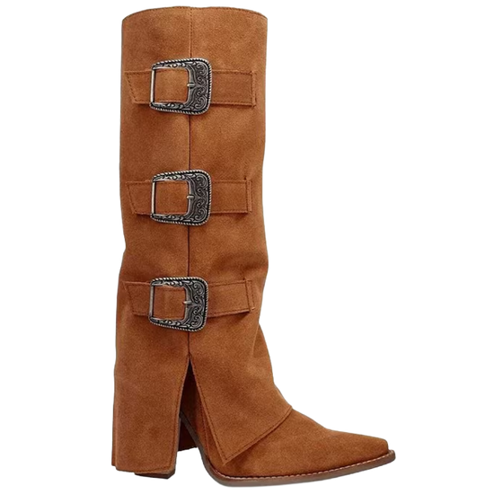 Dingo Ladies Suede Cuffed Buckle Bunny Camel Tall Boots DI2345