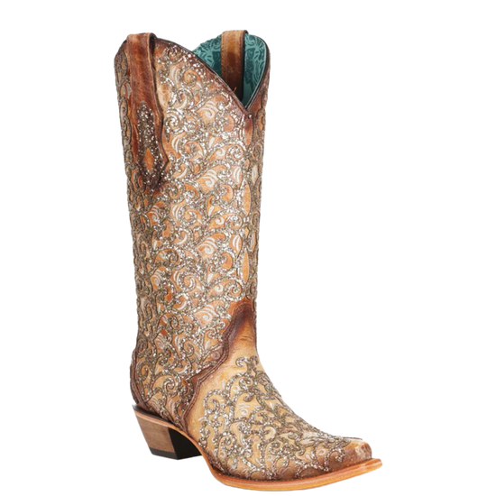 Corral Ladies Sand Glitter Overlay & Embroidered Triad Boots C4051