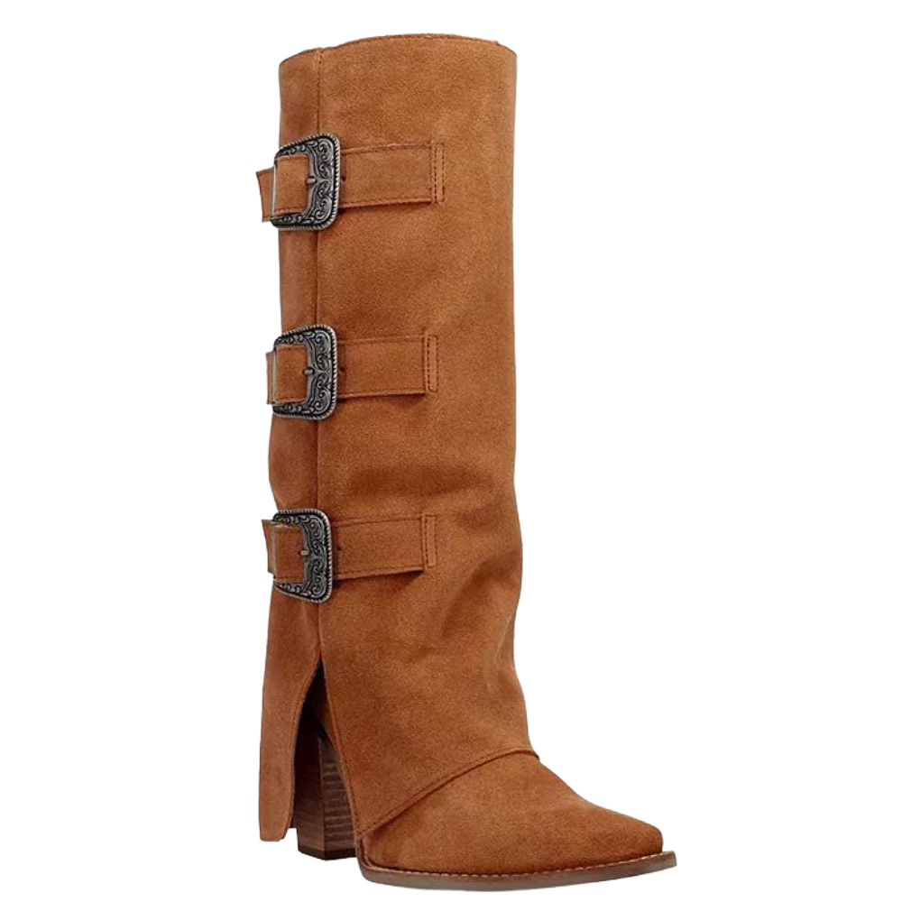 Dingo Ladies Suede Cuffed Buckle Bunny Camel Tall Boots DI2345