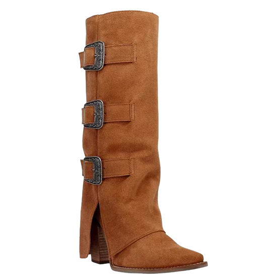 Dingo Ladies Suede Cuffed Buckle Bunny Camel Tall Boots DI2345