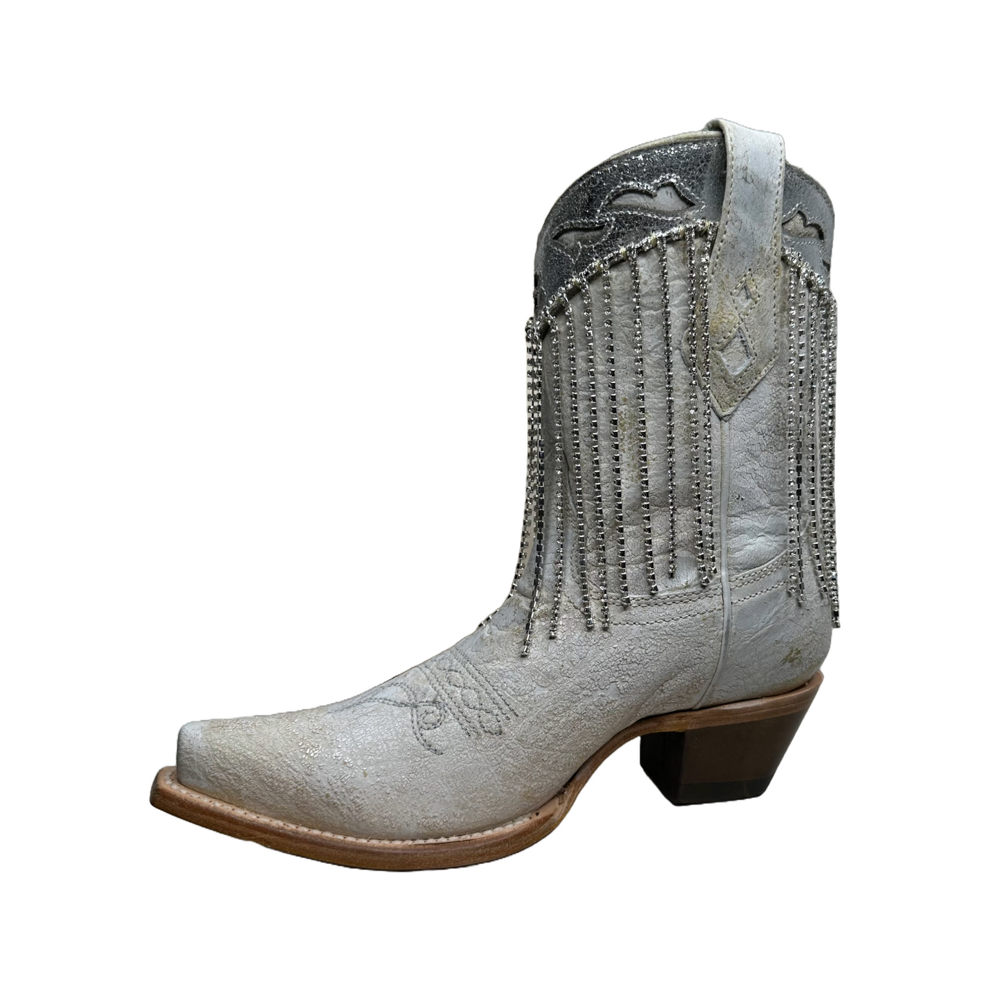 Corral Ladies White-Silver Overlay & Fringe Snip Toe Ankle Boots Z5250