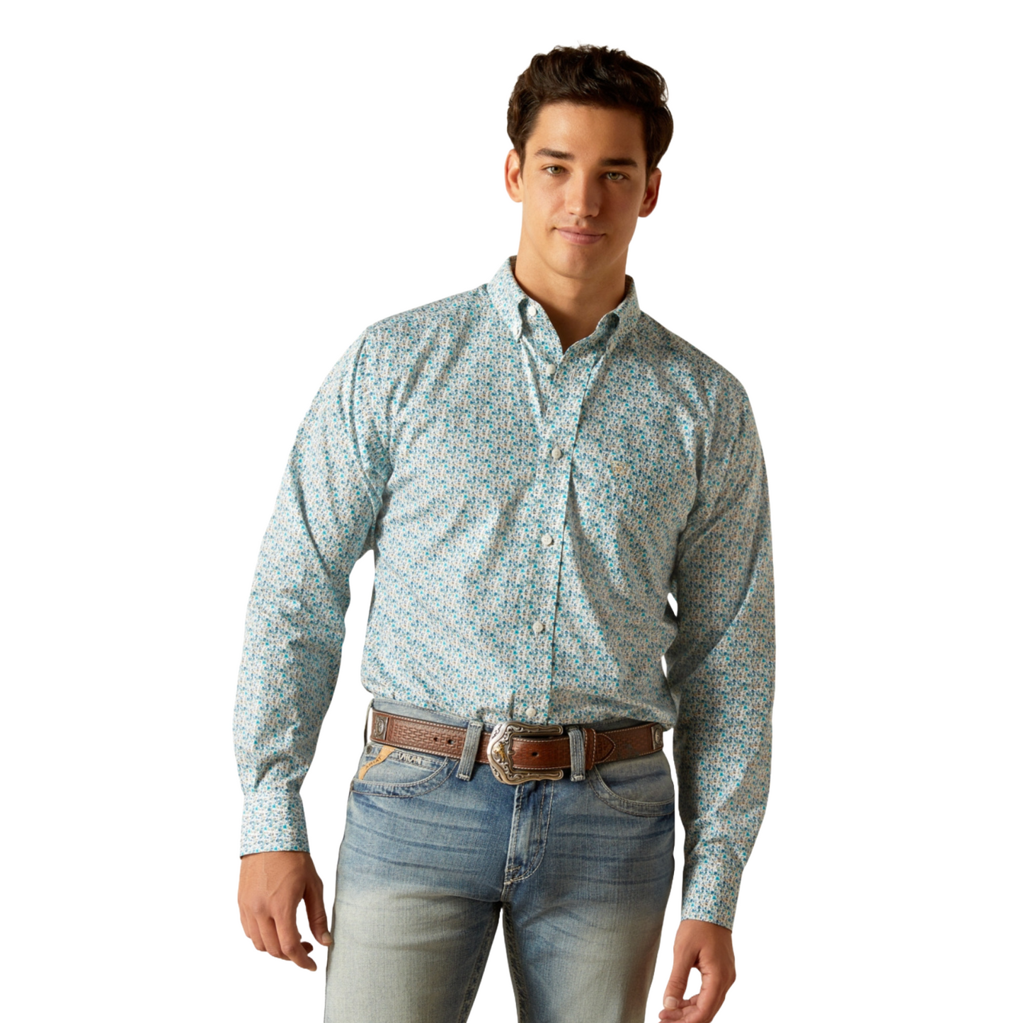 Ariat Men's Wrinkle Free Kellen Fitted Blue Snap Button Down Shirt 10051238