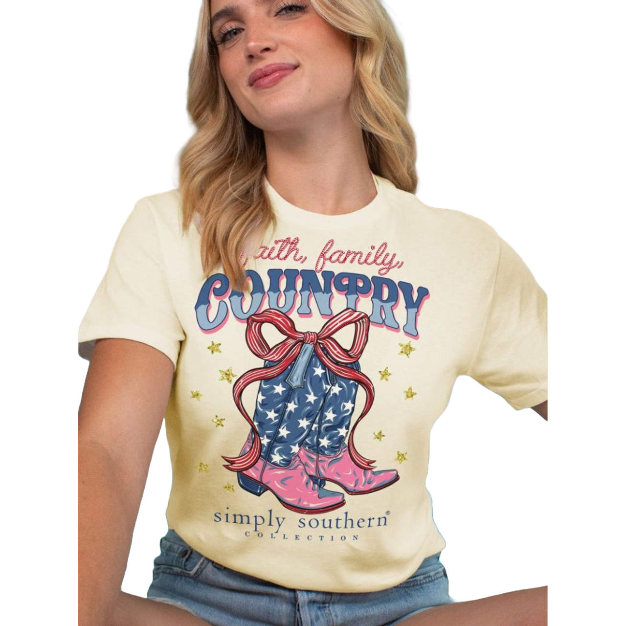 Simply Southern Ladies Faith, Family, & Country Yellow Graphic T-Shirt SS-COUNTRY-WISP