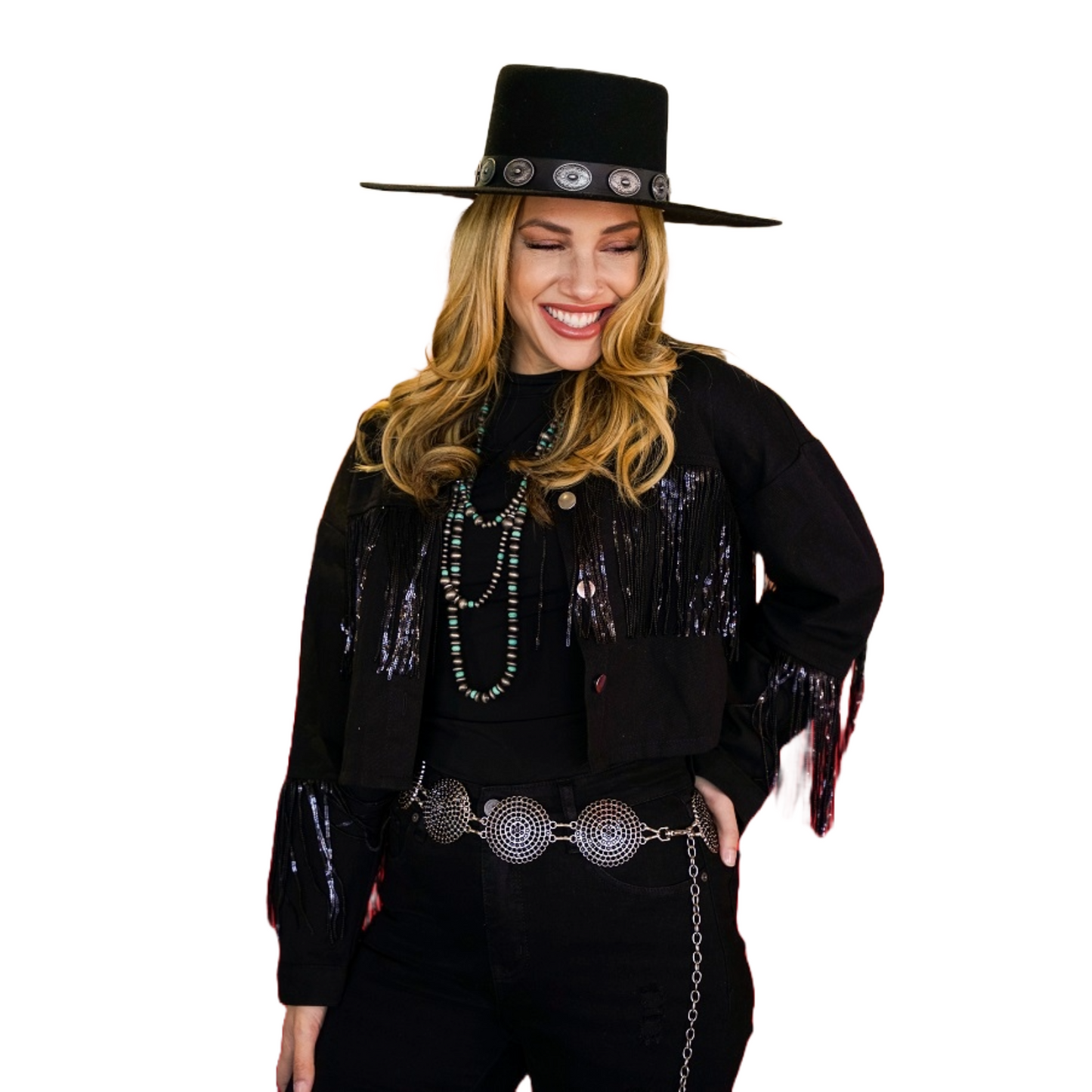 Lucky & Blessed Ladies All Around Sequins & Fringe Black Jacket JO134-BLK