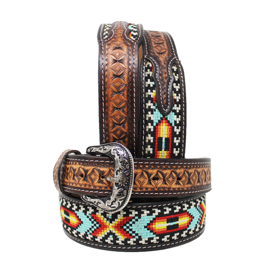 Challenger Aztec Printed Western Embroidered Leather Brown Belt 26RT67T