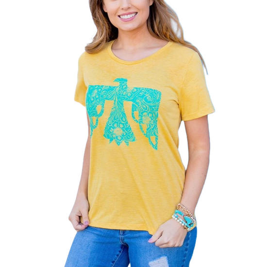 Daisy Rae Ladies Turquoise Tooled Thunderbird On Mustard Crew Neck T-Shirt 6000-TTT