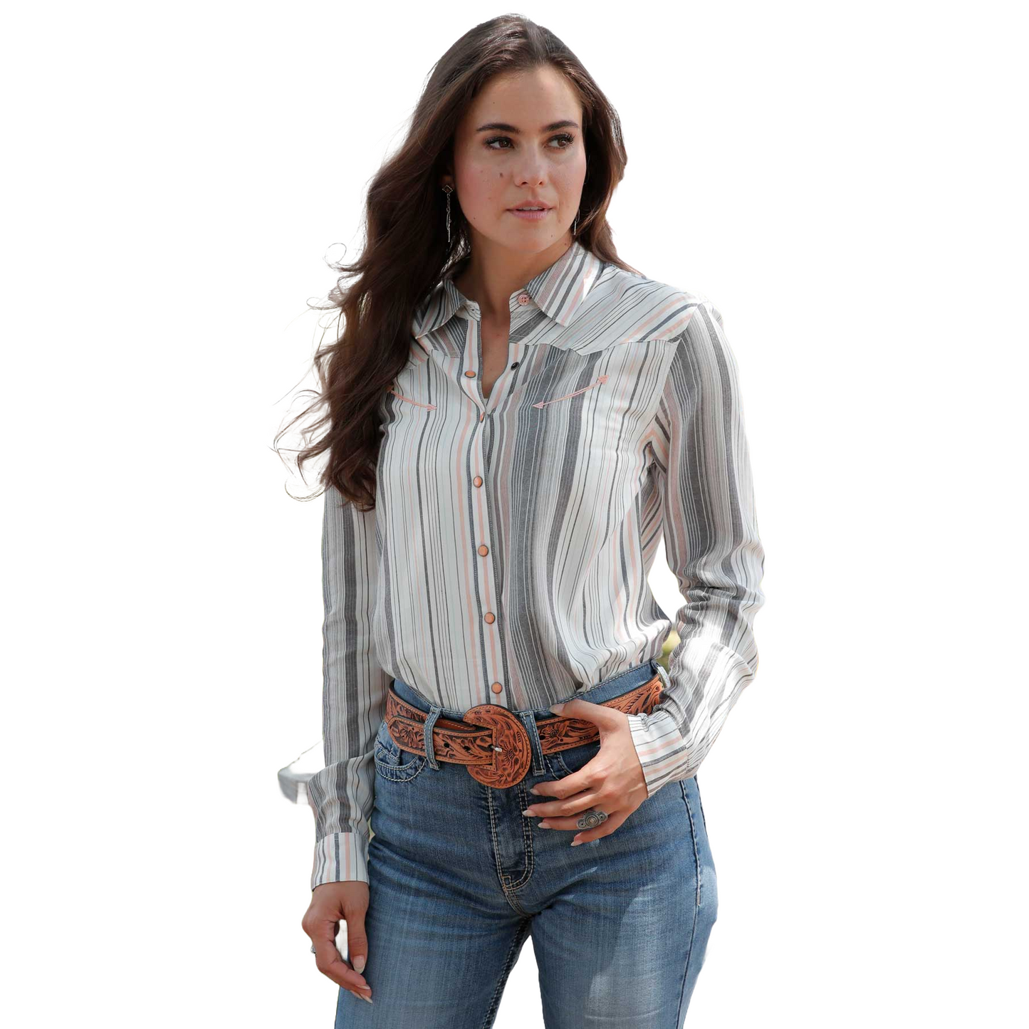 Cinch Ladies Peach Multi Stripe Long Sleeve Snap Western Shirt CTW7398008