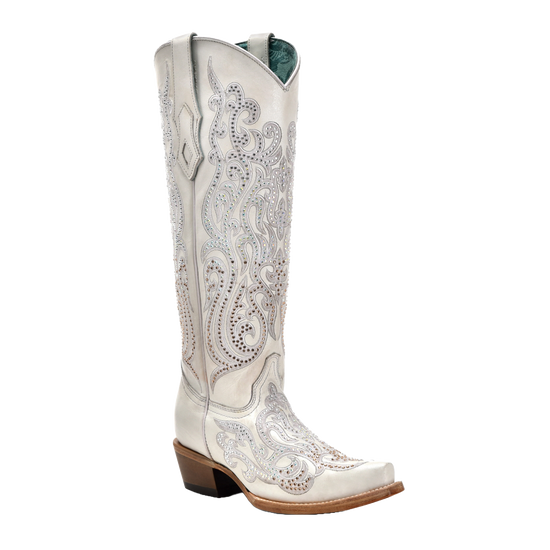 Corral Ladies Crystals Overlay Snip Toe White Tall Western Boots C4099
