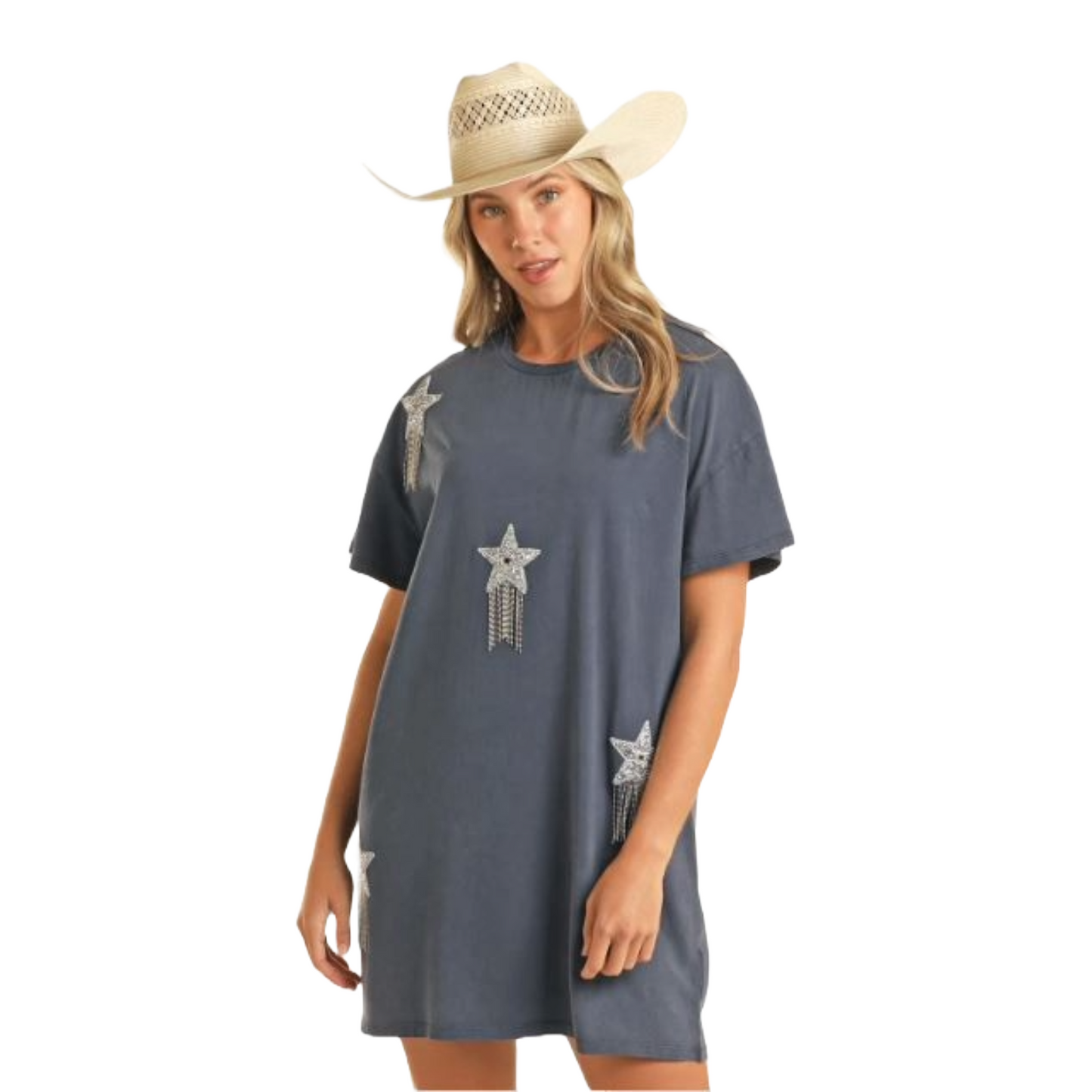 Rock & Roll Denim Ladies Rhinestone Star Blue T-Shirt Dress BWD1R03923