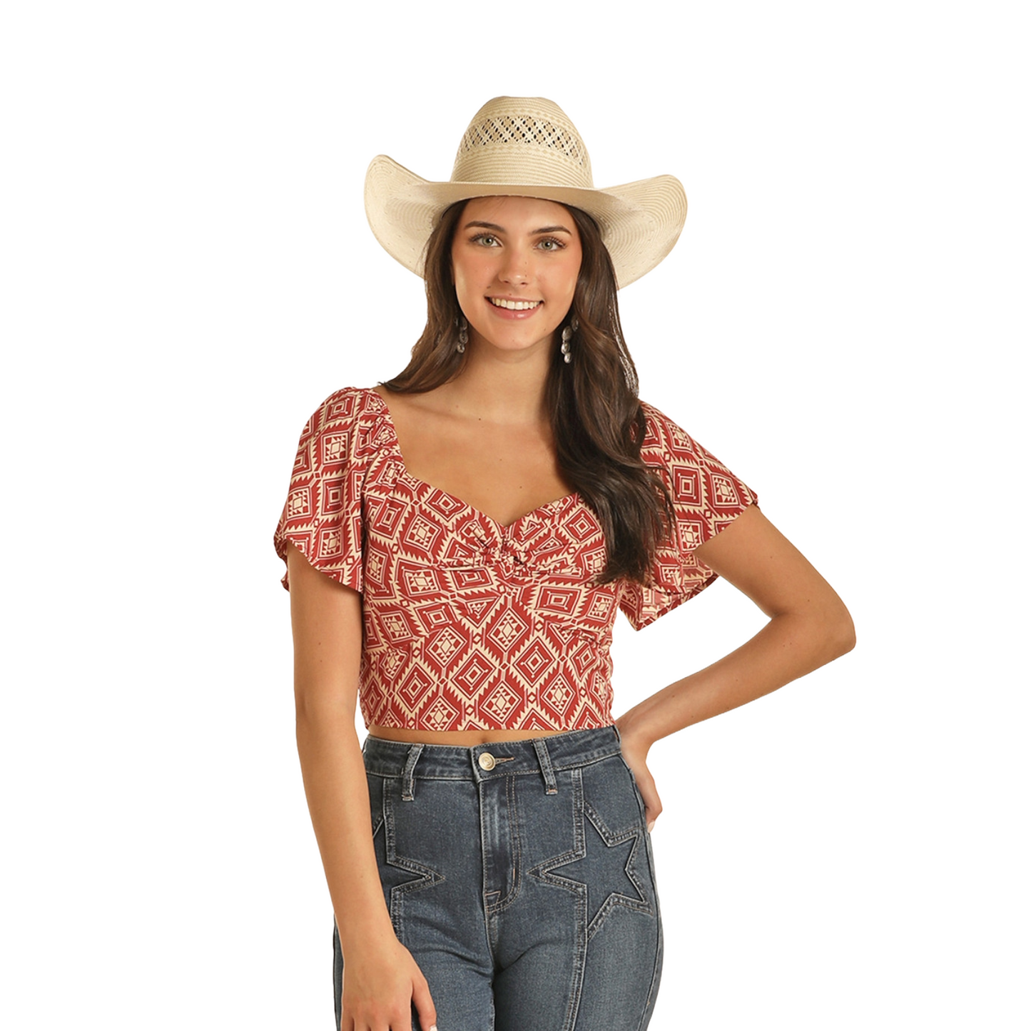 Rock & Roll Denim Ladies Aztec Flutter Sleeve Red Top BW51T03880