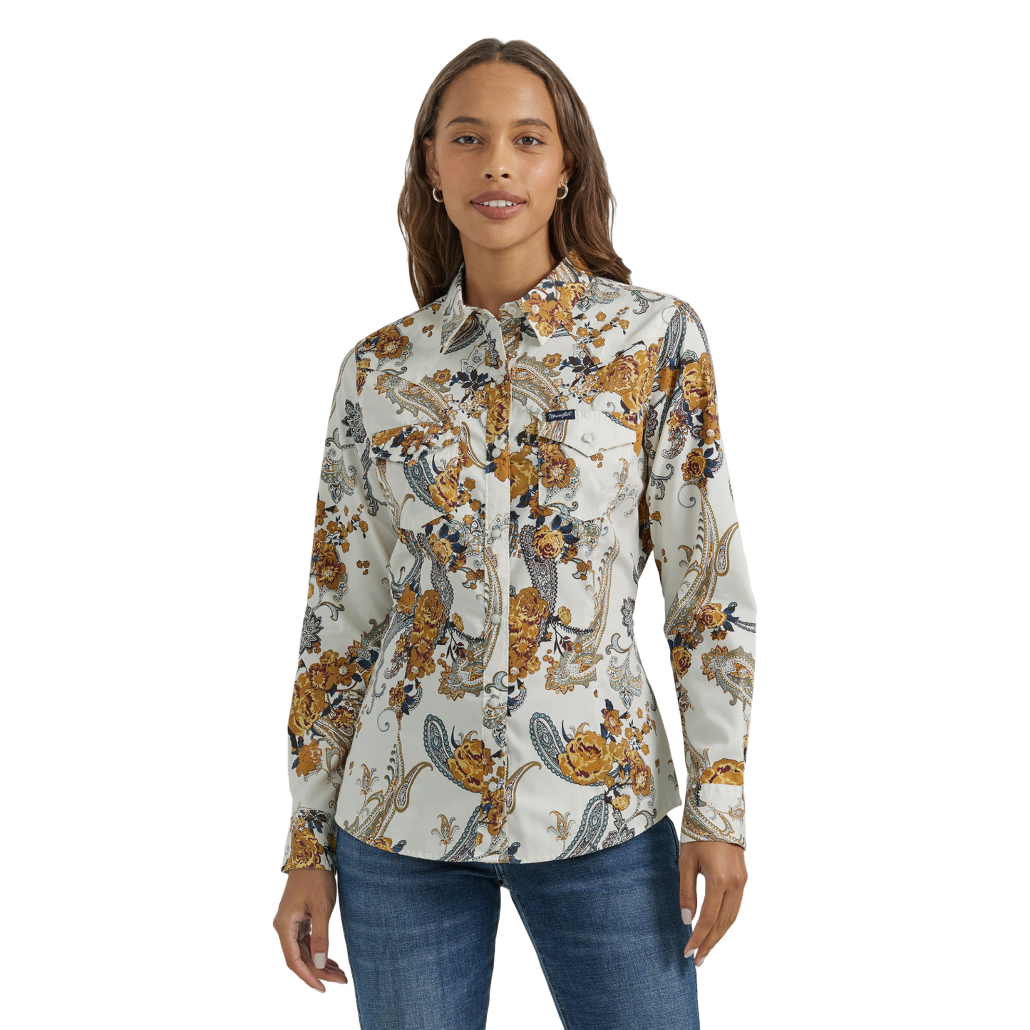 Wrangler Ladies White Paisley Printed Dress Snap Shirt 112353153