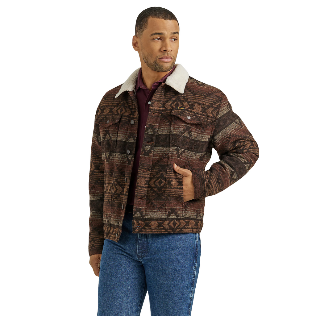 Wrangler Men's Jacquard Geometric Graphic Sherpa Brown Jacket 11235296