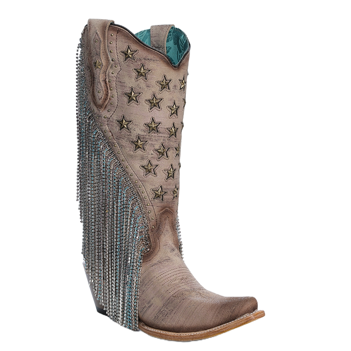 Corral Ladies Brown Embroidery & Star Stud Fringe Western Boots A4625