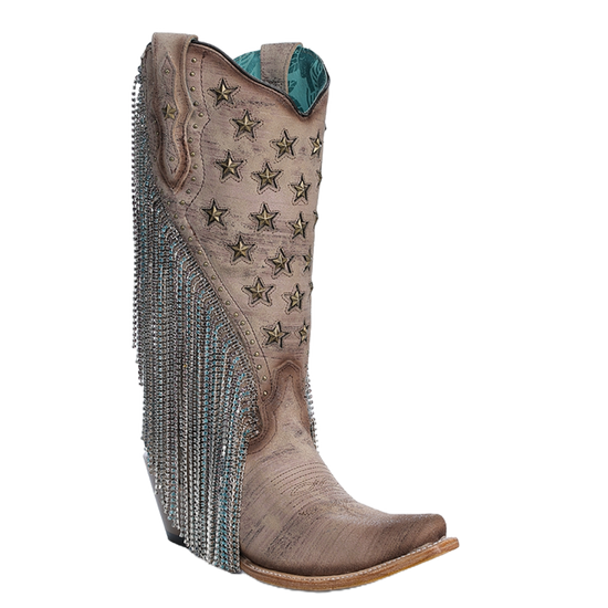 Corral Ladies Brown Embroidery & Star Stud Fringe Western Boots A4625