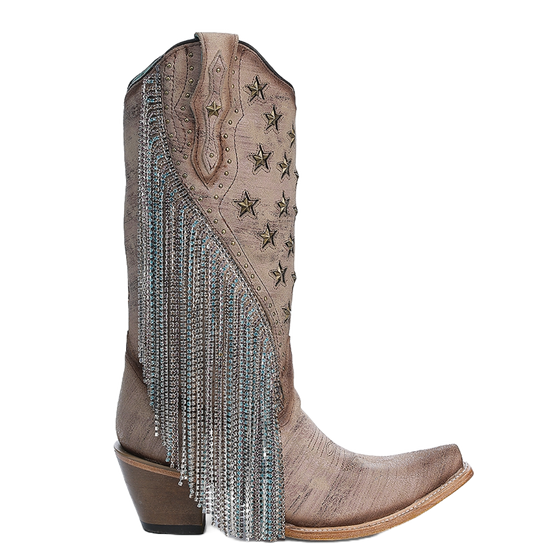 Corral Ladies Brown Embroidery & Star Stud Fringe Western Boots A4625