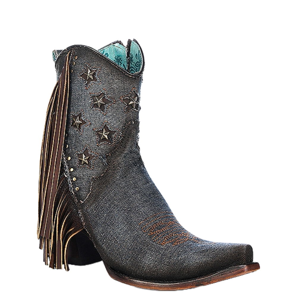 Corral Ladies Denim Inlay Star Studded Fringe Booties A4675