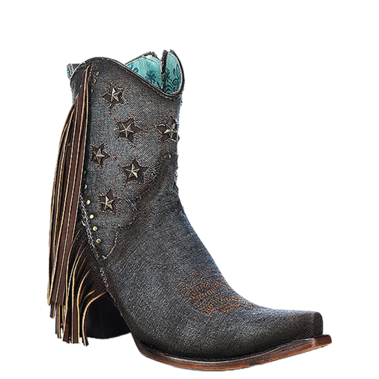 Corral Ladies Denim Inlay Star Studded Fringe Booties A4675