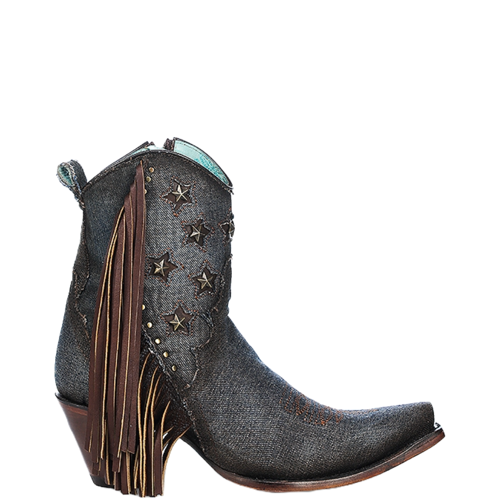 Corral Ladies Denim Inlay Star Studded Fringe Booties A4675