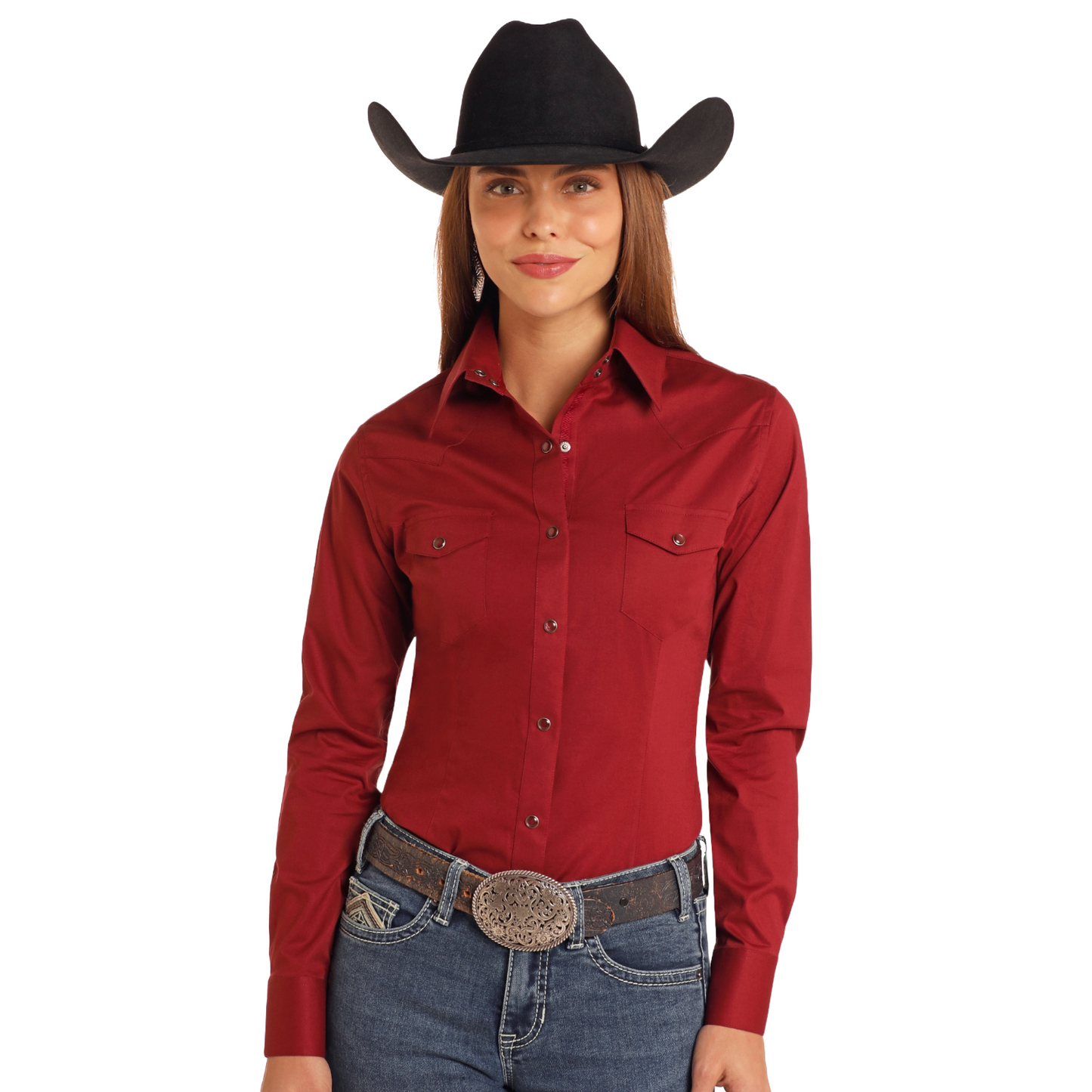 Panhandle Ladies Solid Poplin Maroon Button Down Shirt PWN2S05431-60