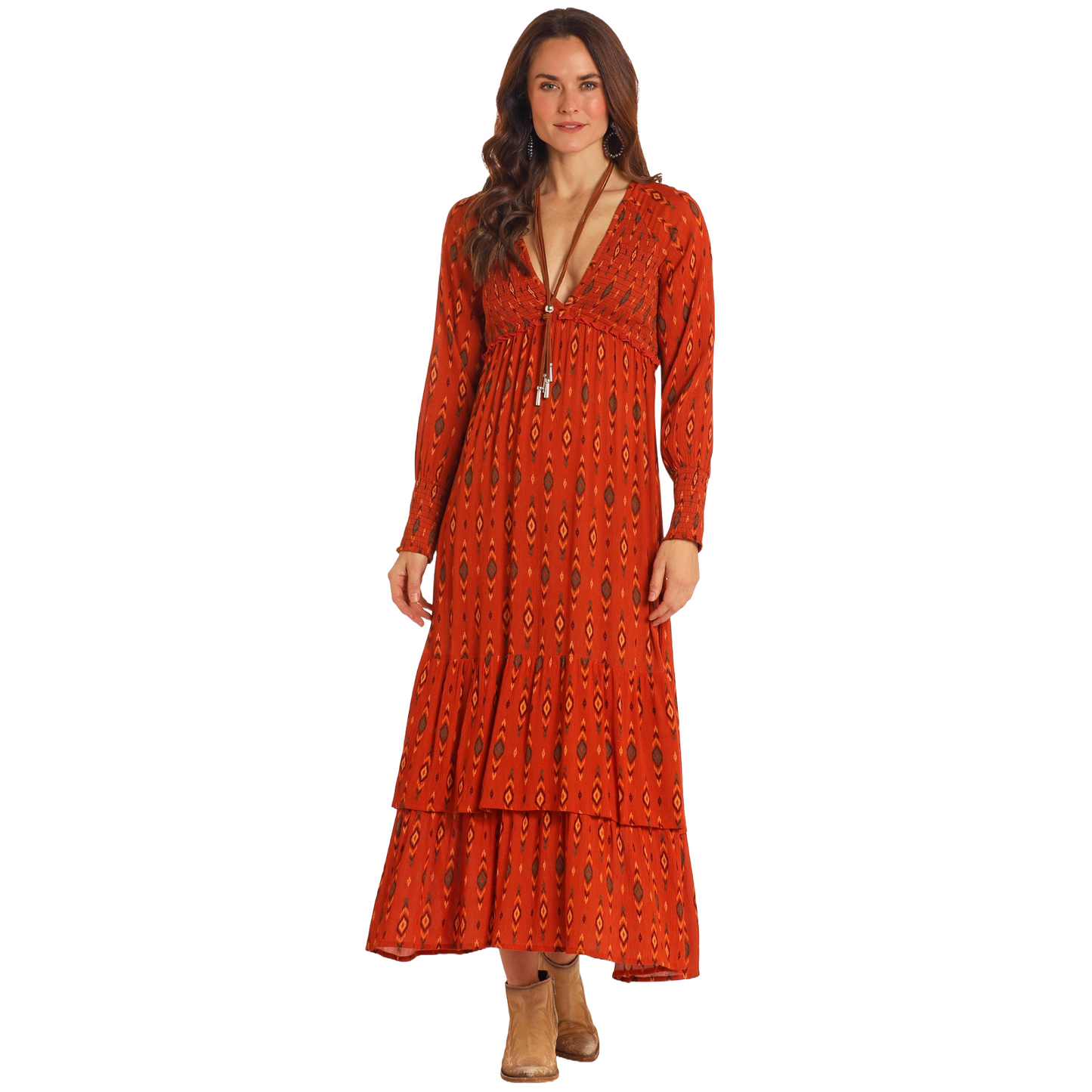 Rock & Roll Denim Ladies Geometric Tiered Western Scarlet Red Dress LW Rock & Roll Denim Ladies Geometric Tiered Western Scarlet Red Dress LW