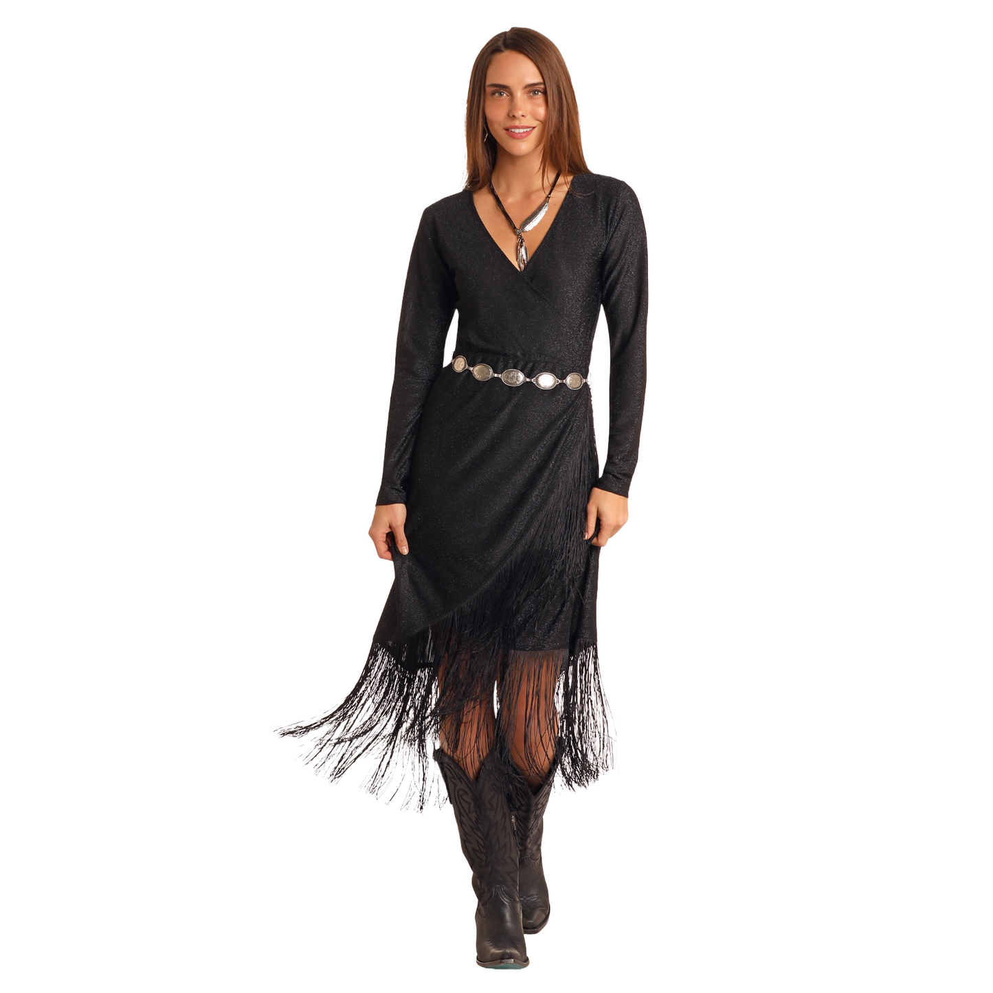 Rock & Roll Denim Ladies Lurex Fringed Western Black Wrap Dress LWD9R0 Rock & Roll Denim Ladies Lurex Fringed Western Black Wrap Dress LWD9R0