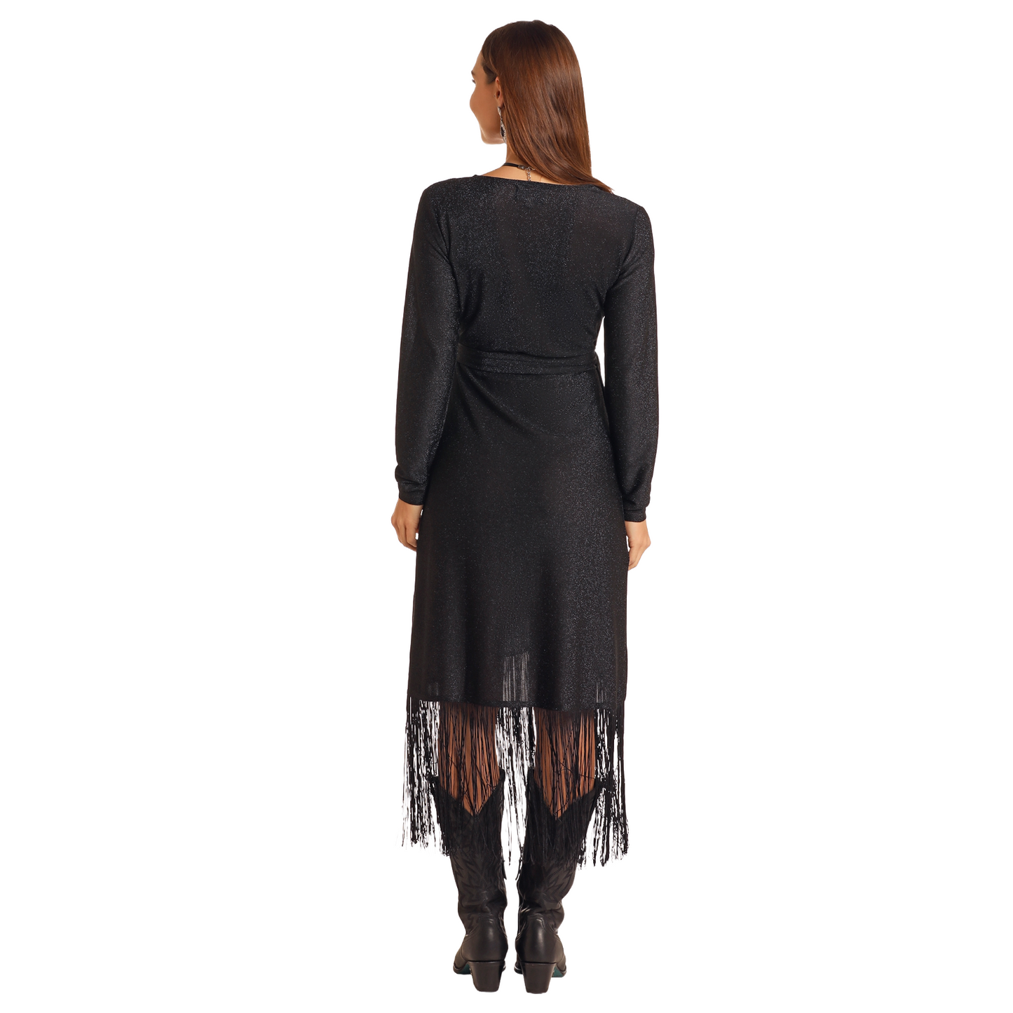 Rock & Roll Denim Ladies Lurex Fringed Western Black Wrap Dress LWD9R05178