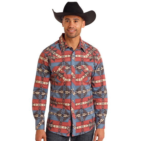 Panhandle Men's Southwestern Printed Blue Button Down Shirt BMN2S05487