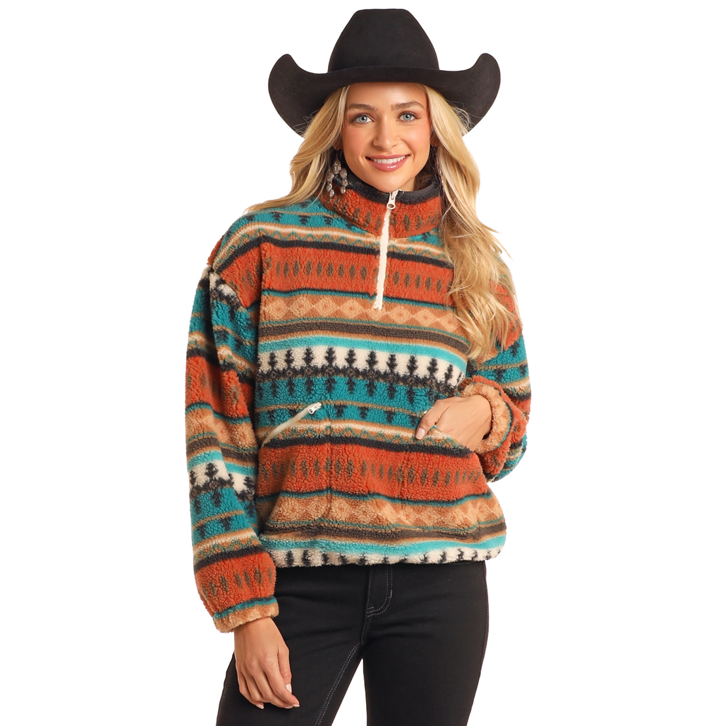 Hooded Pullover Aztec Print Sherpa Pullover CINCH WOMEN'S MULTI