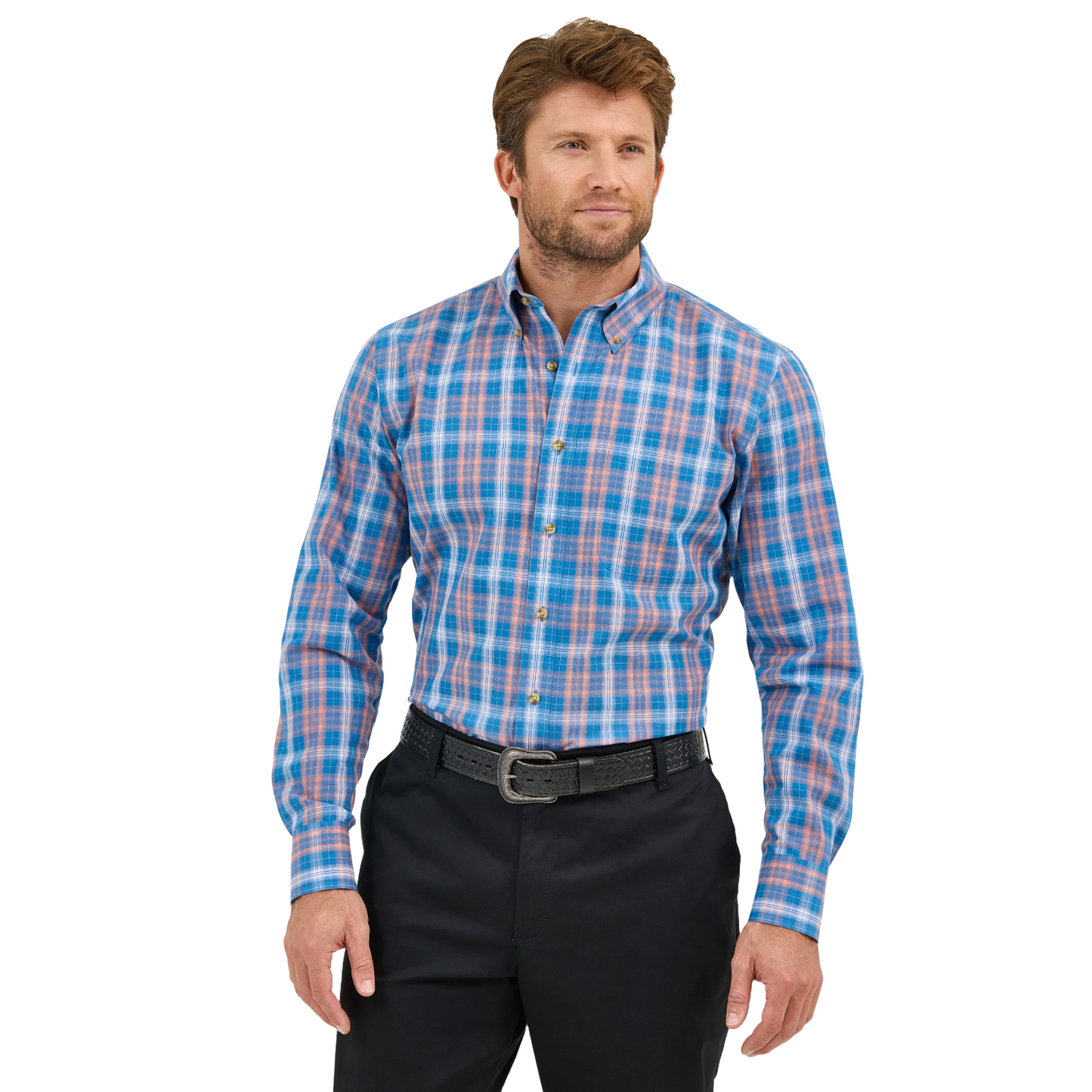 Wrangler Men's Riata® Plaid Western Blue Button Down Dress Shirt 11235