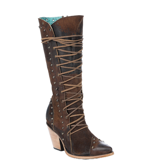 Corral Ladies Studs & Zipper Lace Up Brown Leather Boots Z5321