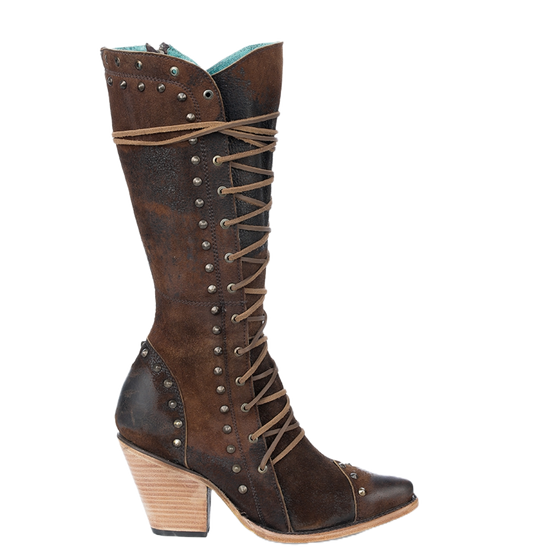 Corral Ladies Studs & Zipper Lace Up Brown Leather Boots Z5321