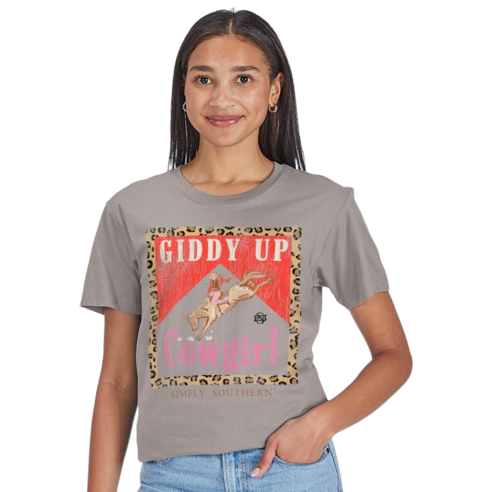 Simply Southern Ladies Giddy Up Cowgirl Grey T-Shirt SS-COWGIRL-WSHSHDW
