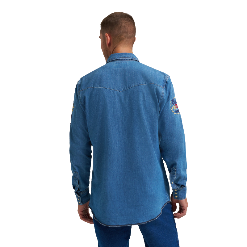 Wrangler Men's X Coors Beer Golden Blue Denim Button Down Shirt 112373829