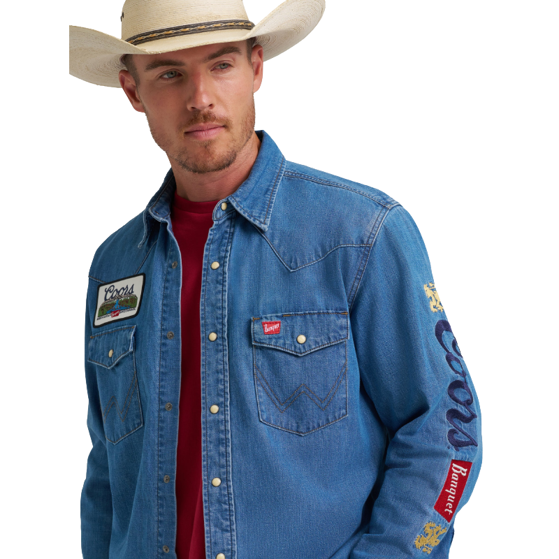 Wrangler Men's X Coors Beer Golden Blue Denim Button Down Shirt 112373829