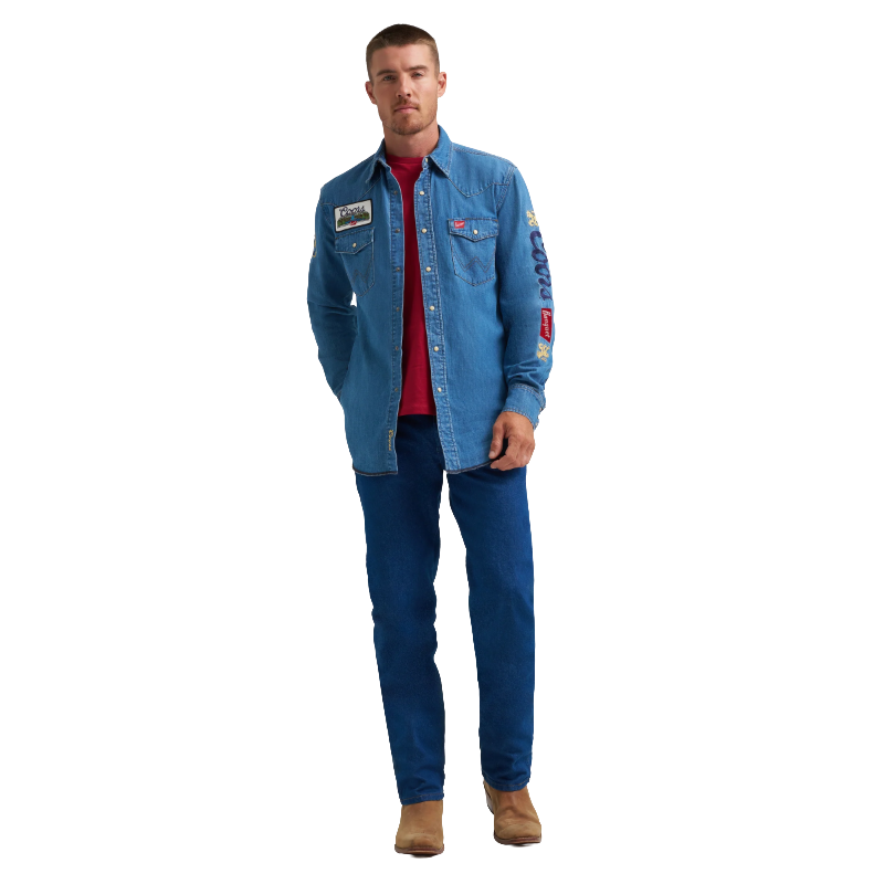 Wrangler Men's X Coors Beer Golden Blue Denim Button Down Shirt 112373829