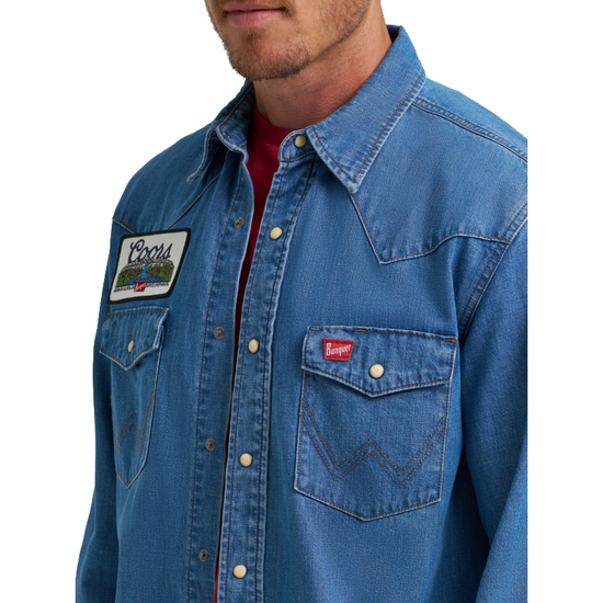 Wrangler Men's X Coors Beer Golden Blue Denim Button Down Shirt 112373829