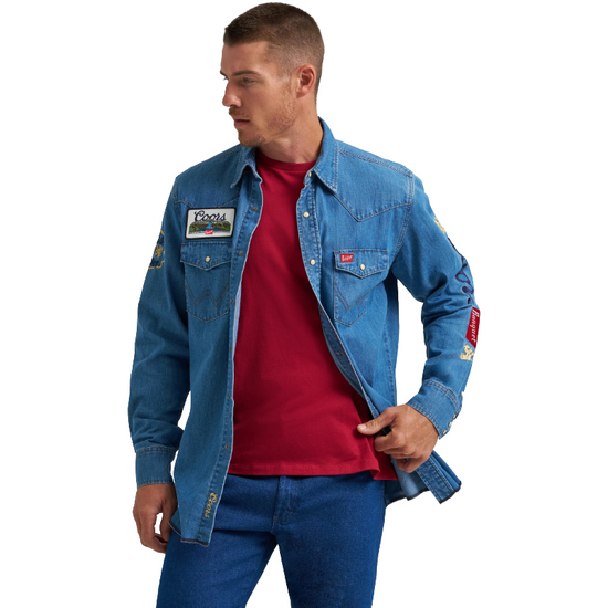 Wrangler Men's X Coors Beer Golden Blue Denim Button Down Shirt 112373829