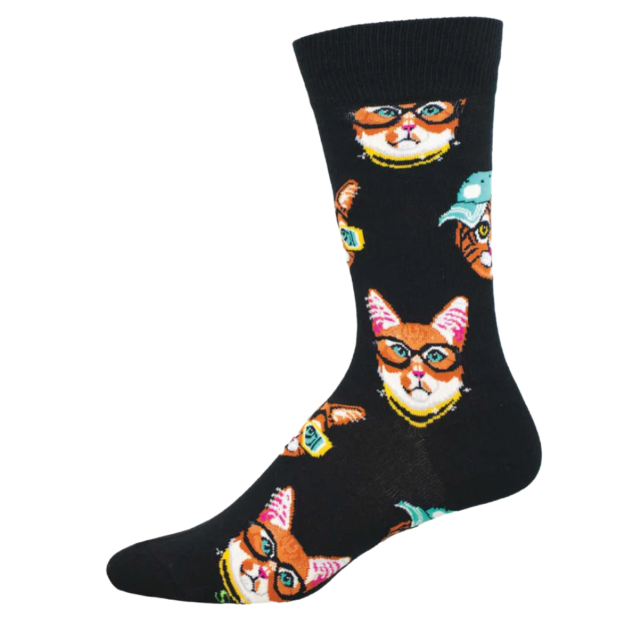 SockSmith Men's Black One Cool Cat Crew Sock MNC3491-BLK