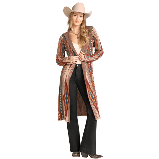Rock & Roll Ladies Beige Aztec Hooded Cardigan Duster BW95T06998