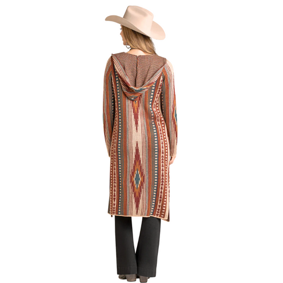 Rock & Roll Ladies Beige Aztec Hooded Cardigan Duster BW95T06998