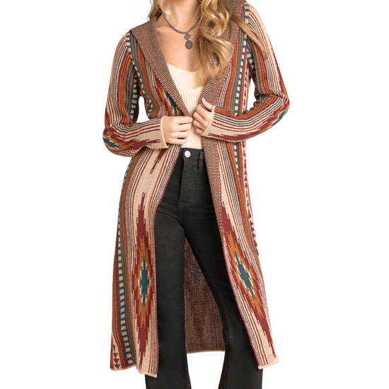 Rock & Roll Ladies Beige Aztec Hooded Cardigan Duster BW95T06998