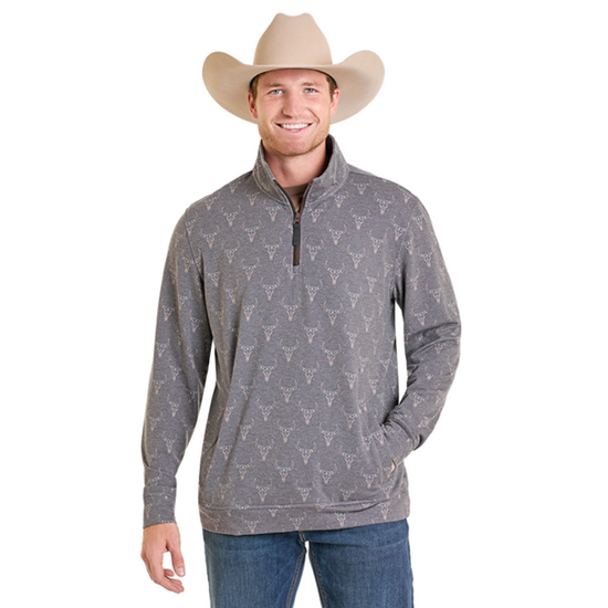 Rock & Roll Men's 1/4 Zip Longhorn Printed Grey Pullover BM91T07313